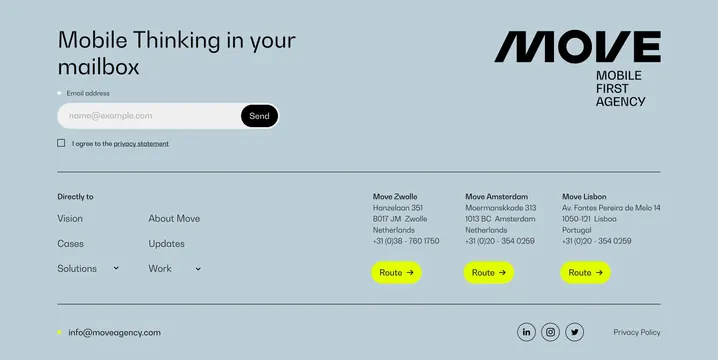 Move agency home footer, minimal, swiss, light