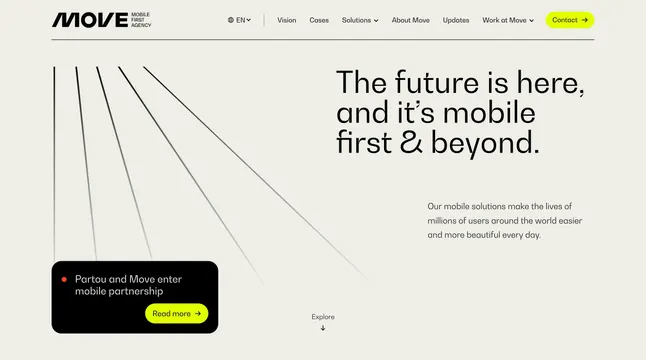Move agency home page hero, minimal, swiss, light