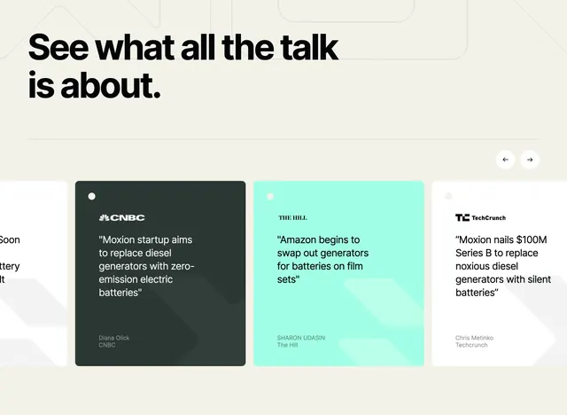 Moxion press testimonials carousel, minimal, editorial, light