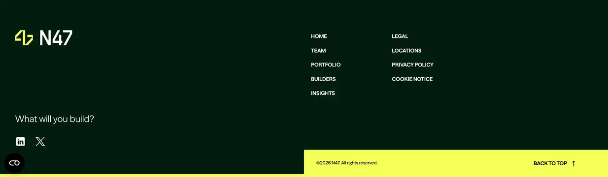 N47 dark minimal footer with lime bar, dark-mode, minimal, dark