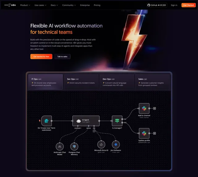 n8n dark hero with workflow canvas, dark-mode, technical, dark