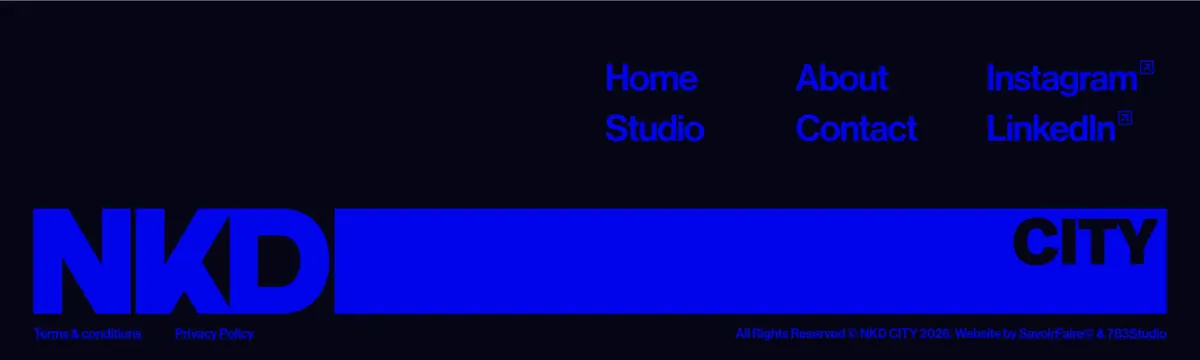 Naked City NKD CITY footer, dark-mode, minimal, dark