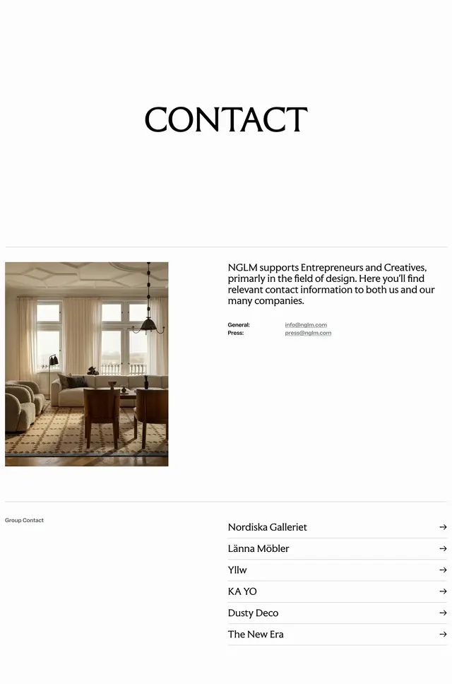 NGLM editorial contact page, minimal, editorial, light