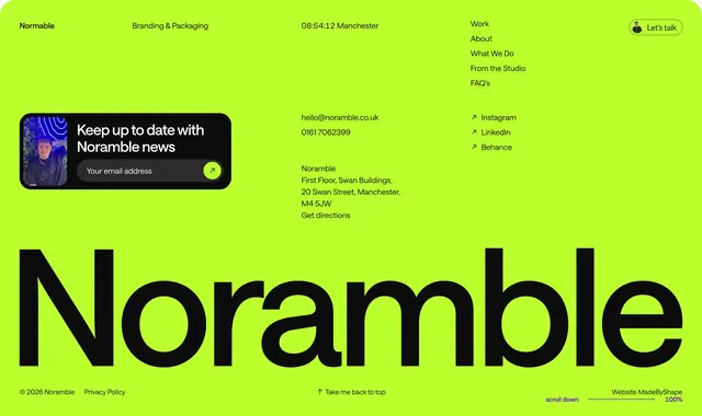 Noramble neon lime footer, minimal, neo-brutalist, vibrant