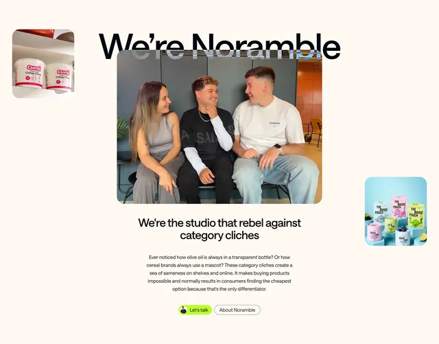 Noramble light hero with floating work, light-mode, minimal, light