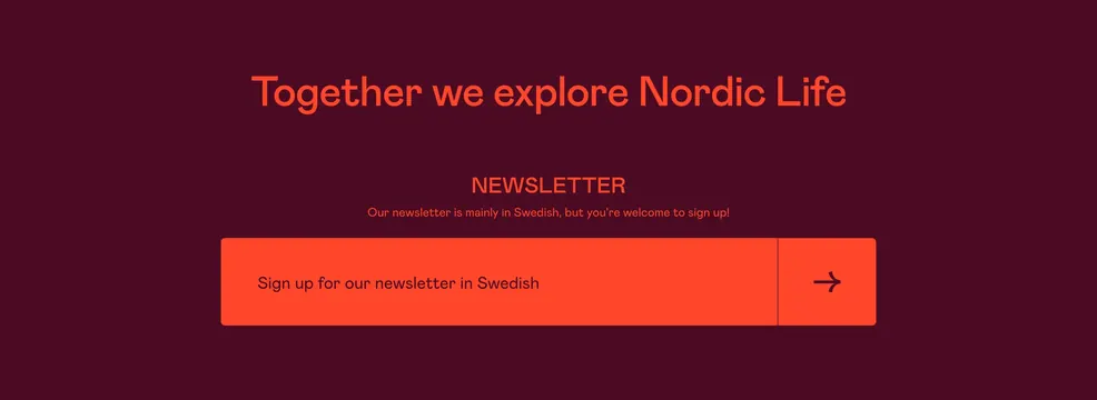 Nordiska Museet newsletter signup CTA, dark-mode, minimal, dark