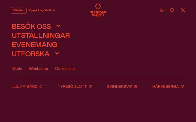 Nordiska Museet full-screen nav overlay, dark-mode, minimal, dark