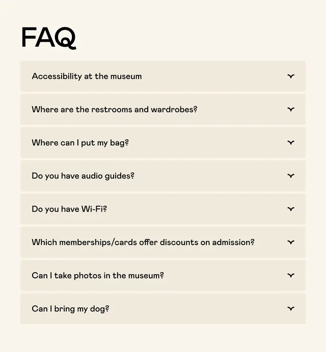 Nordiska Museet visitor FAQ accordion, minimal, light-mode, light