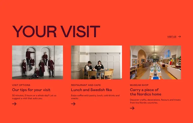 Nordiska Museet your visit three-column grid, editorial, minimal, vibrant