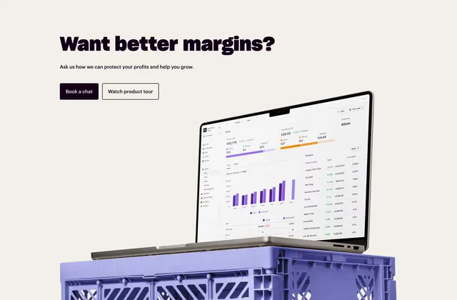 Nory CTA with laptop on crate mockup, light-mode, minimal, light