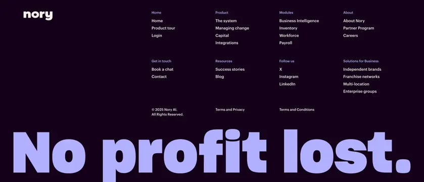 Nory footer with giant wordmark band, dark-mode, minimal, dark