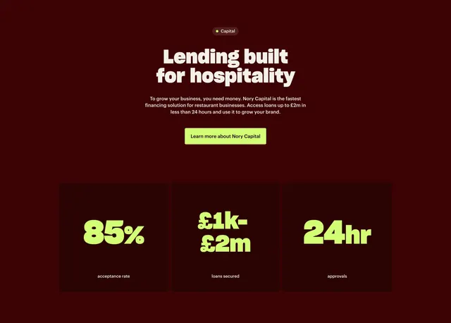 Nory lending value prop with neon stats, dark-mode, minimal, dark