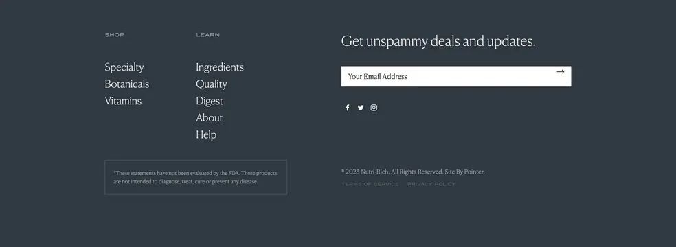 Nutri-Rich home footer, dark-mode, minimal, dark