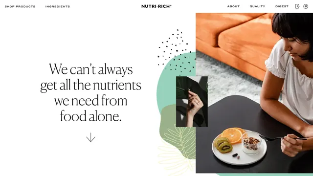 Nutri-Rich split hero, minimal, editorial, light