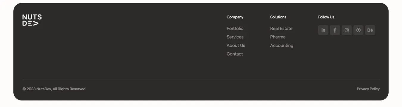 NutsDev rounded dark footer, dark-mode, minimal, dark
