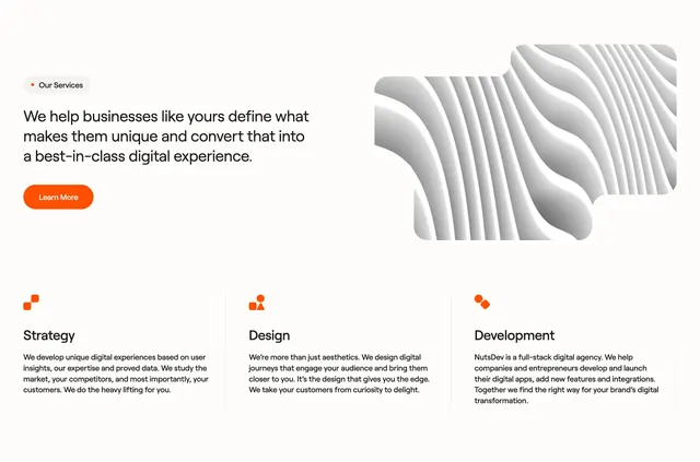 NutsDev services three-card grid, minimal, 3d-render, light