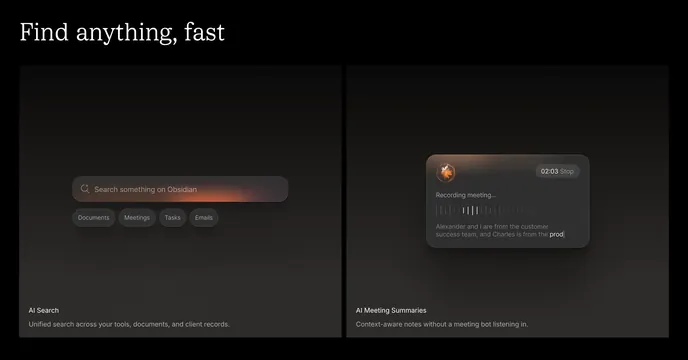 Obsidian AI capabilities grid, dark-mode, glassmorphism, dark