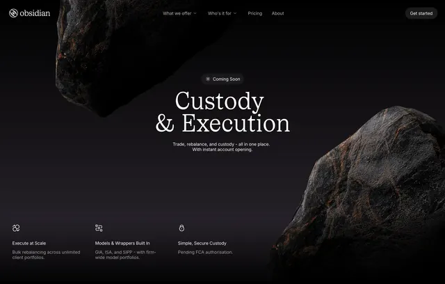 Obsidian custody and execution hero, dark-mode, 3d-render, dark