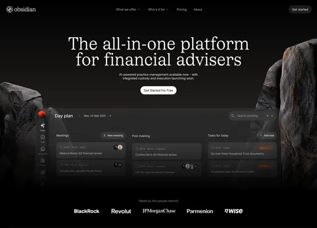 Obsidian platform hero with dashboard, dark-mode, 3d-render, dark
