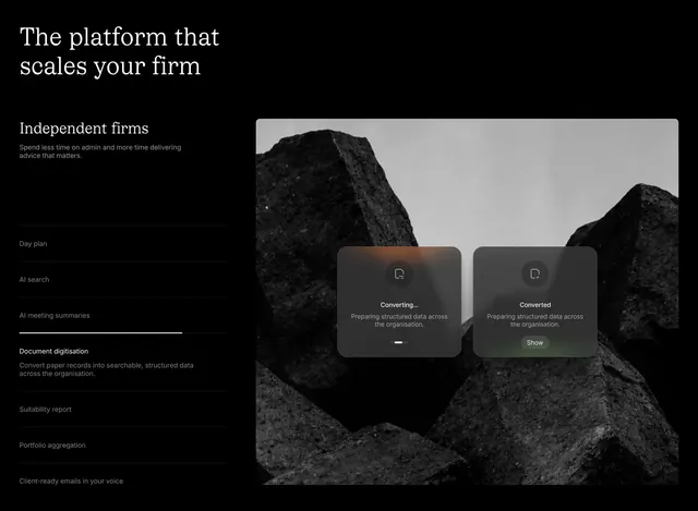 Obsidian independent firms feature, dark-mode, glassmorphism, dark