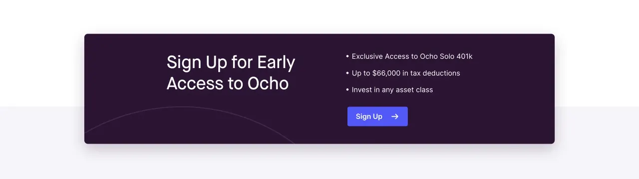 Ocho early access split CTA card, minimal, dark-mode, dark