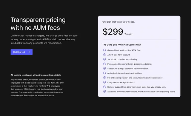 Ocho transparent pricing split layout, minimal, dark-mode, dark