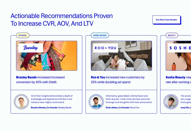 Oddit CVR case study cards with testimonials, minimal, light-mode, light