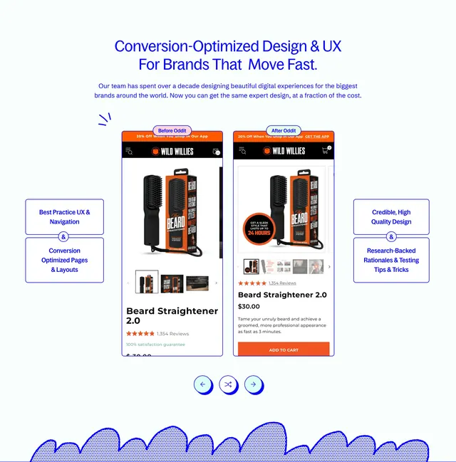Oddit before-after mobile UX comparison, minimal, light-mode, light