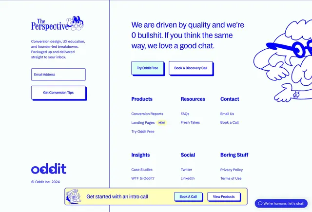 Oddit neo-brutalist footer with newsletter, minimal, light-mode, light
