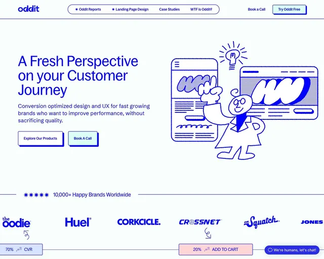 Oddit customer journey hero with doodles, minimal, light-mode, light
