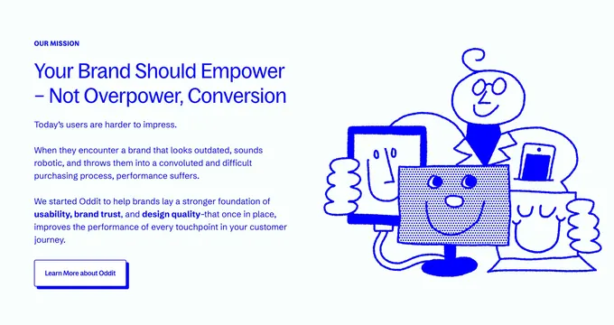 Oddit mission statement with device doodle, minimal, light-mode, light