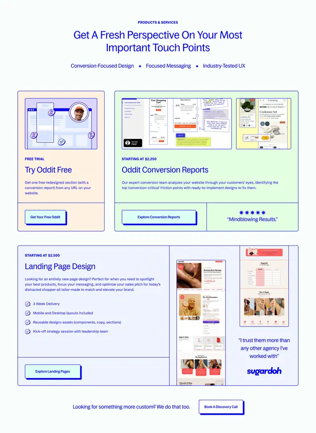 Oddit products and services bento grid, minimal, light-mode, light