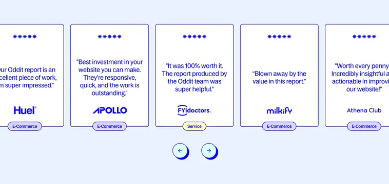 Oddit testimonial card carousel row, minimal, light-mode, light