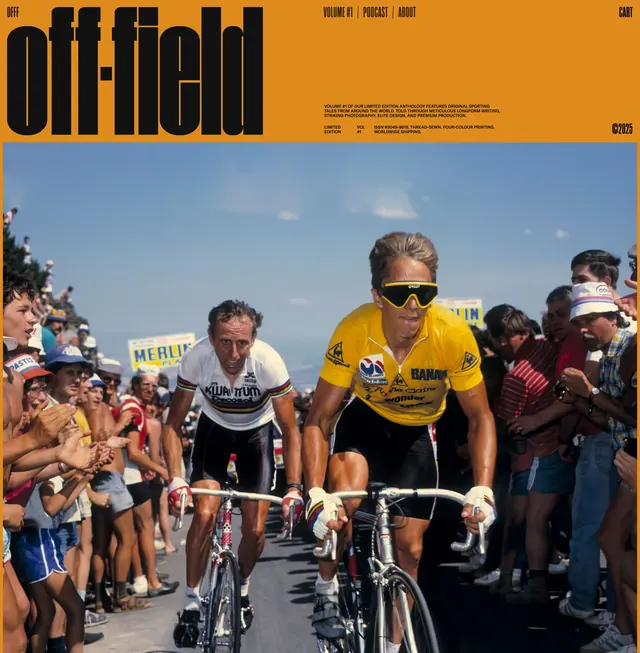 Off-Field anthology brand hero with cycling photo, editorial, minimal, warm