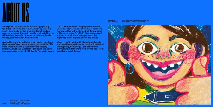 Off-Field about page with crayon illustration, editorial, brutalist, vibrant