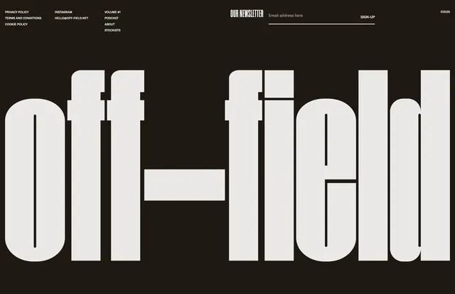 Off-Field oversized wordmark footer, minimal, dark-mode, dark