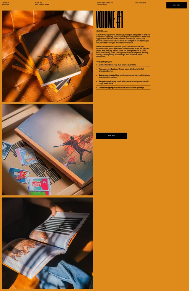 Off-Field Volume 1 product detail page, editorial, minimal, warm
