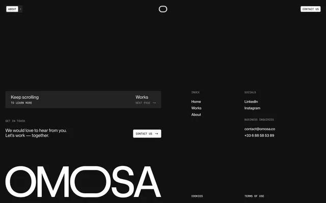 Omosa dark footer with giant wordmark, minimal, dark-mode, dark