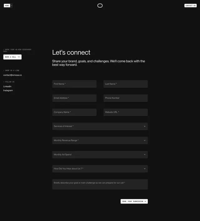 Omosa dark multi-field contact page, minimal, dark-mode, dark