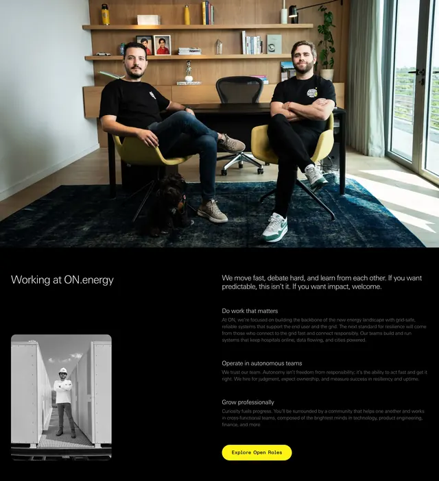 ON.energy careers culture split section, minimal, dark-mode, dark
