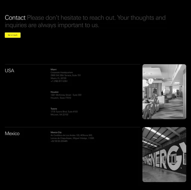 ON.energy global offices contact page, minimal, dark-mode, dark