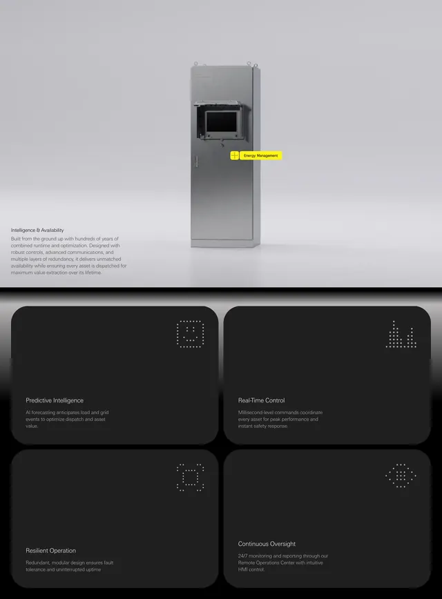 ON.energy intelligence product feature grid, minimal, dark-mode, dark