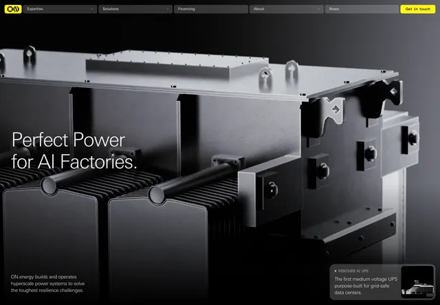 ON.energy AI factories power hero, minimal, dark-mode, dark