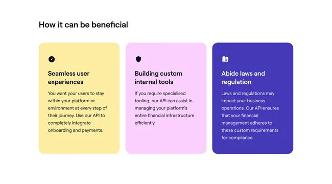 Online Payment Platform API benefits three-card row, minimal, light-mode, light