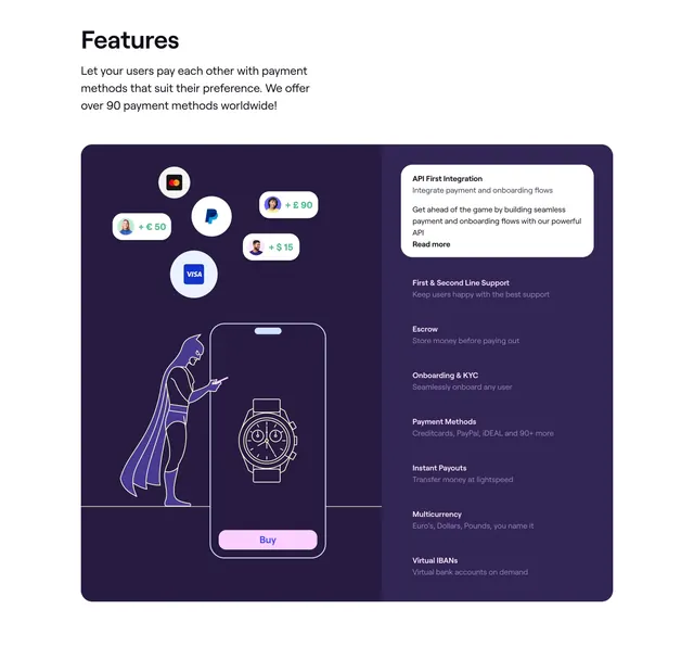Online Payment Platform API features split layout, dark-mode, illustrated, dark