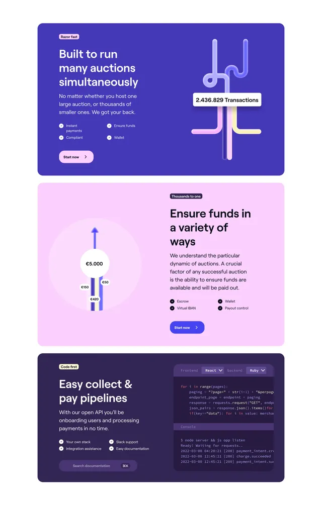 CCP auction platform feature stack, playful, gradient-heavy, vibrant