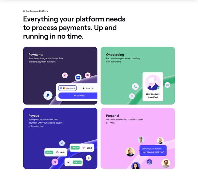Online Payment Platform four-capability bento grid, minimal, light-mode, light