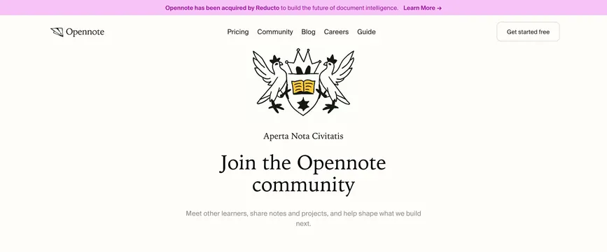 Opennote community hero with institutional crest, minimal, light-mode, light