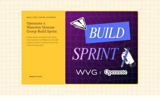 Opennote build sprint event hero, editorial, playful, vibrant