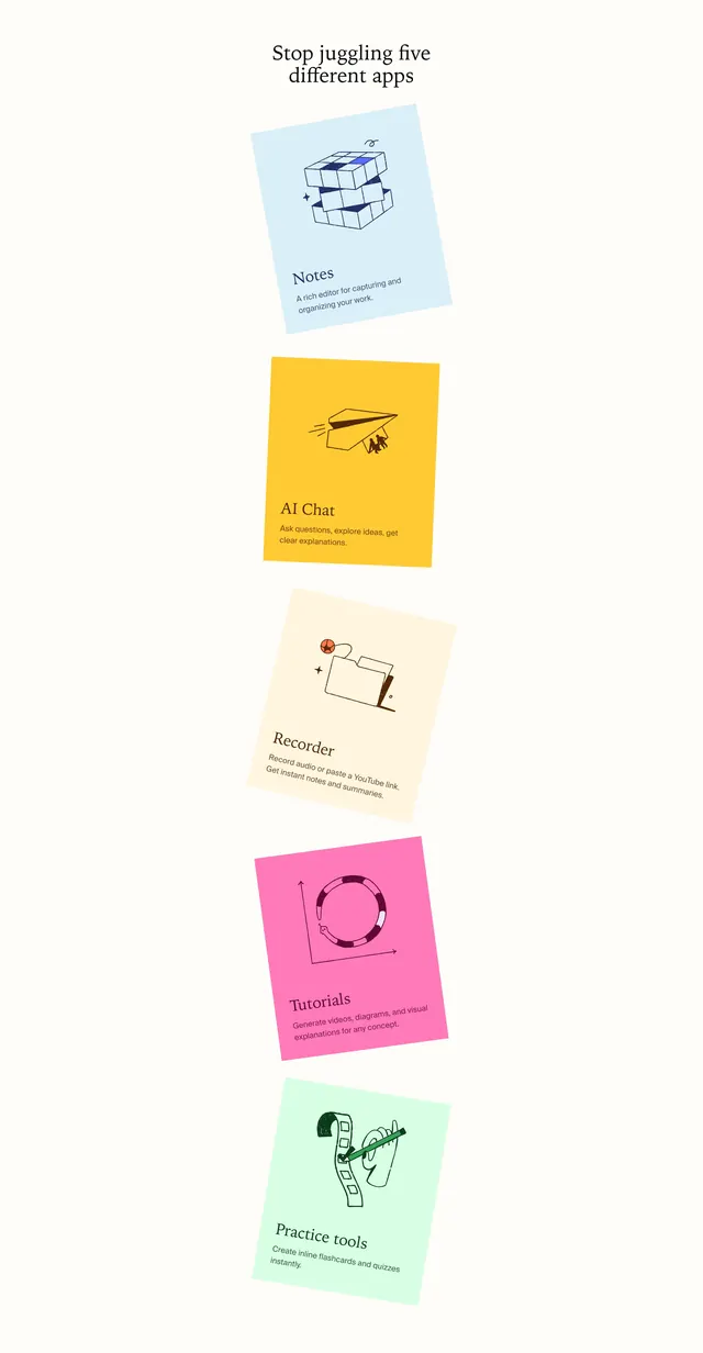 Opennote stacked feature cards, minimal, light-mode, light